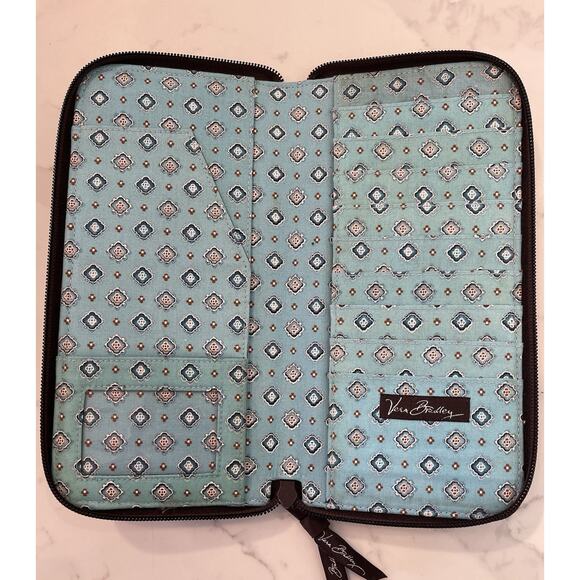 Vera Bradley Java Blue Travel Organizer Wallet Passport Brown Teal Zip Retired - Picture 5 of 5